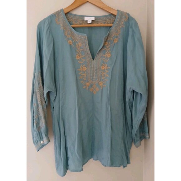 J. Jill Embroidered Soft Cotton Top Size Large Teal Green Floral V Neck Peasant - Picture 1 of 11